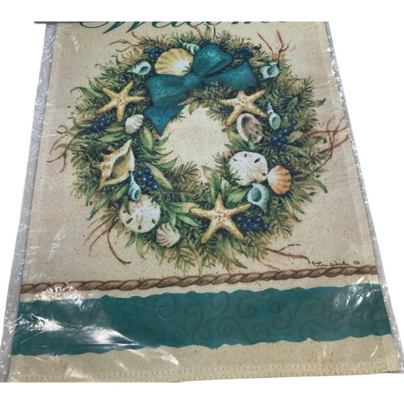 Coastal Christmas Garden Flag Holiday Party Banner Sea Shell Wreath Winter Decor - Picture 1 of 4